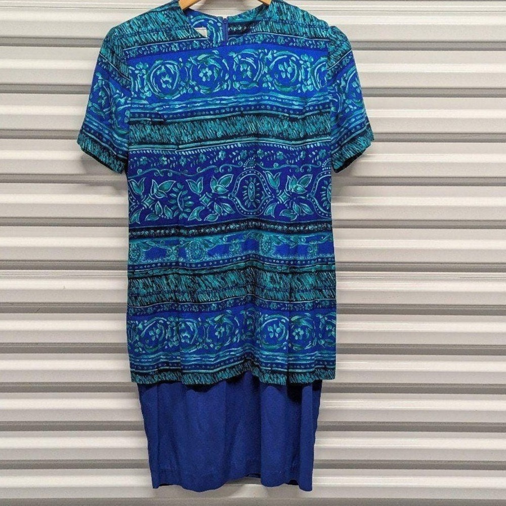 Geometric Cosmic Artsy‎ Bold Statment Vintage KC Spencer Blue Print Sheath Dress